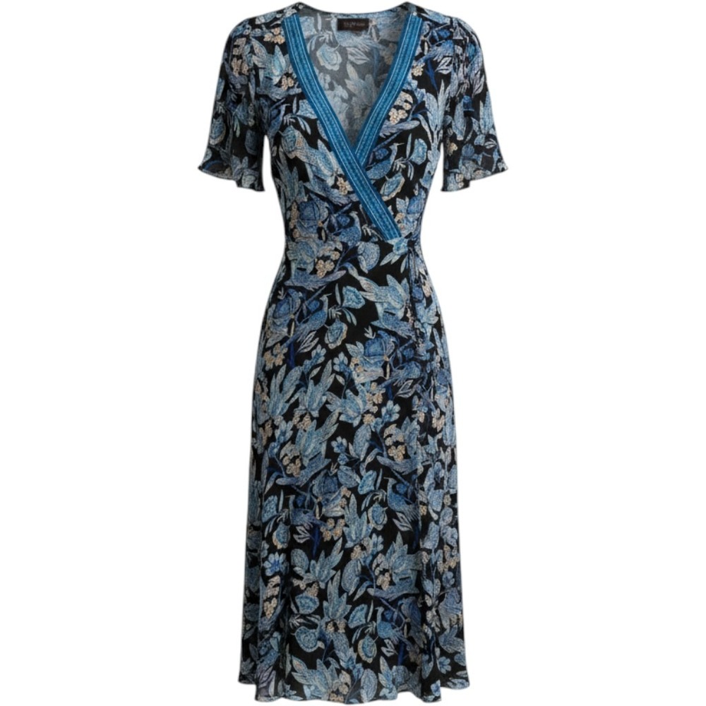 Hale Bob Blue Floral Peacock Print Wrap Midi Dress M Black Chiffon Whimsigoth